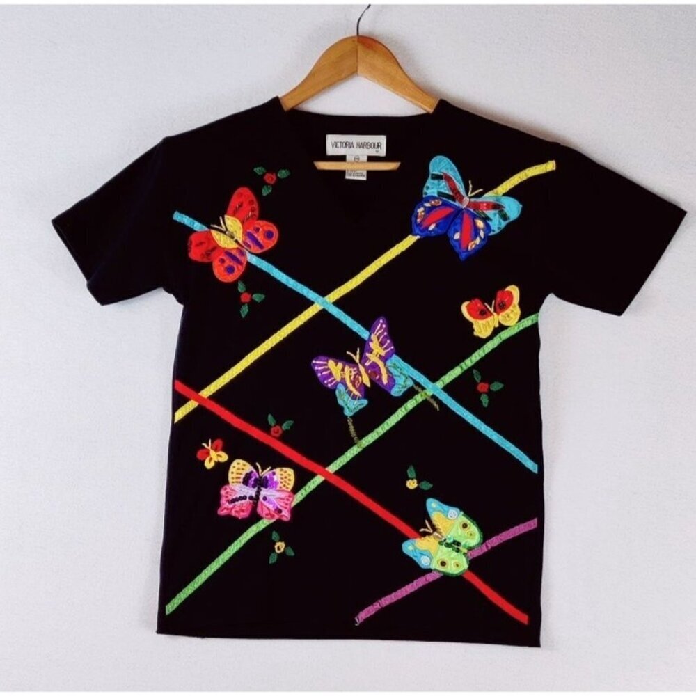 Vtg Butterfly Black T-shirt Sz P Medium Victoria Harbour Embroidered Colorful